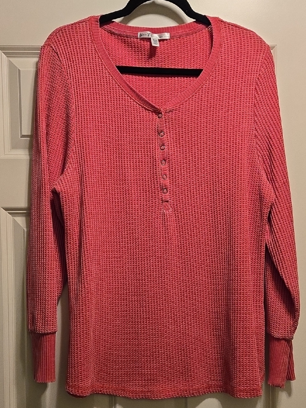 Seven7 Coral Pink Waffle Henley Long Sleeve Top